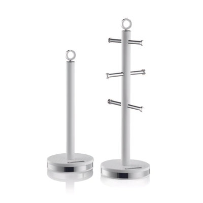 SWAN Elegance Towel Pole and 6 Cup Mug Tree Set with Textured Gloss Finish, Stainless Steel Accents and Non-Slip Bases