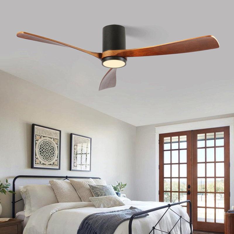 60 pouces Ventilateur de plafond encastré noir mat intérieur / extérieur à DEL avec pales en bois, télécommande CC 6 vitesses