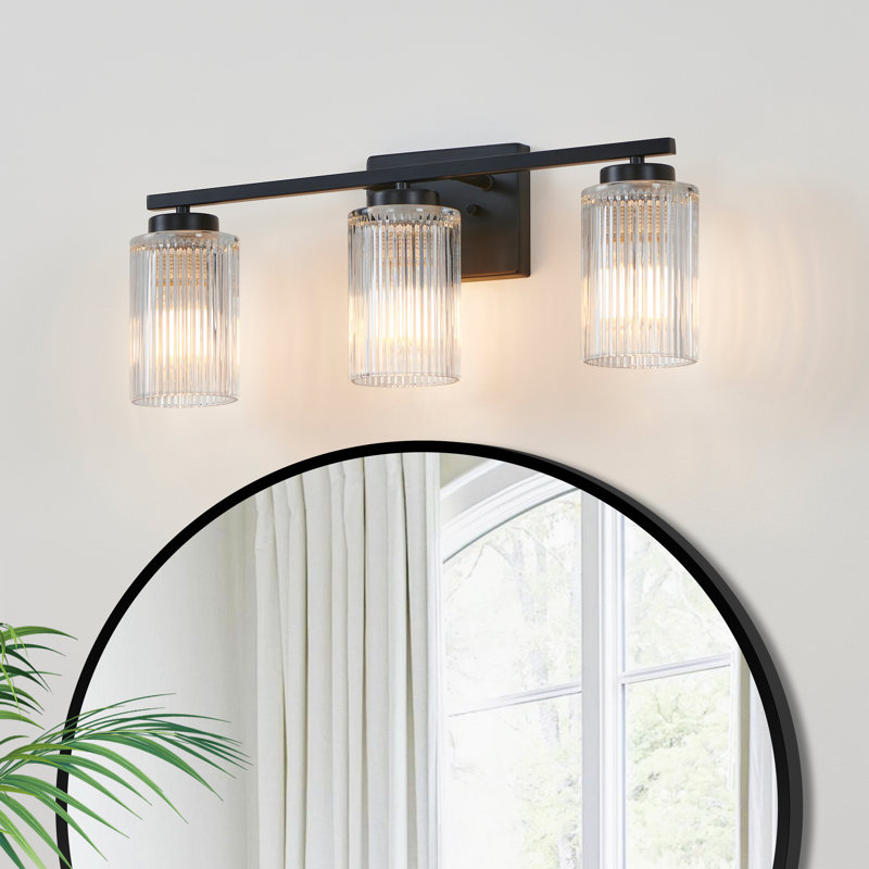 Ensemble de meuble-lavabo avec abat-jour en verre nervuré Lurigid, Noir mat, Trois lumières