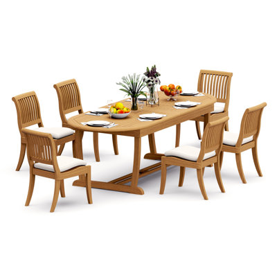 Ensemble de salle à manger 7 pièces en bois de teck de qualité A: table de 94 po avec pieds à tréteaux et 6 chaises empilables sans accoudoirs # 11AB2300