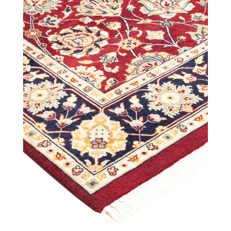 Tapis rouge / bleu / jaune noué à la main de conception unique 4 pi 2 po x 6 pi 2 po Mogul
