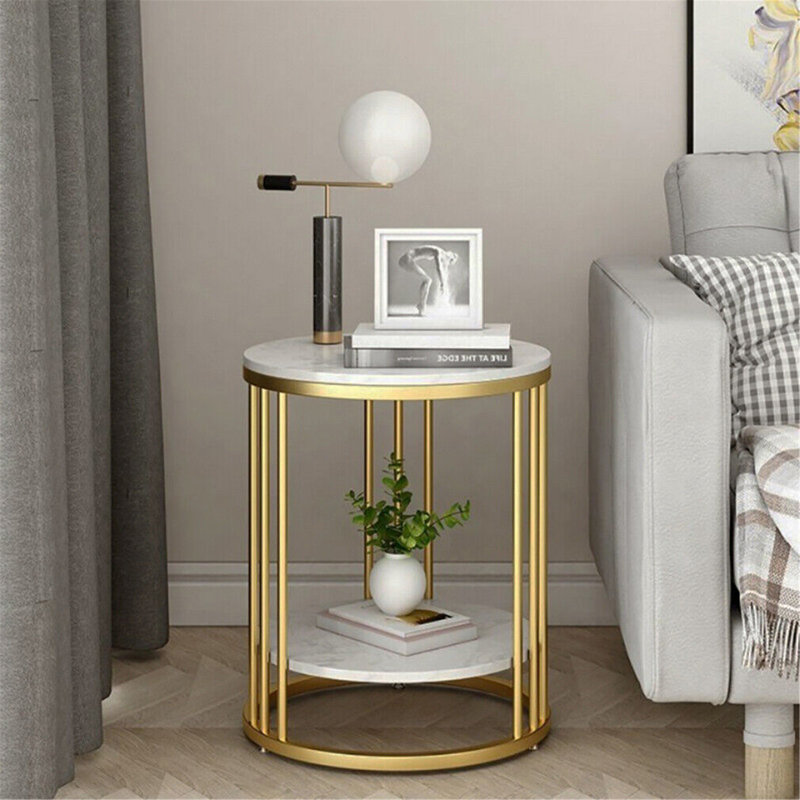 White Stone Side End Table 2-Tier Round Bedside Table With Storage Shelf