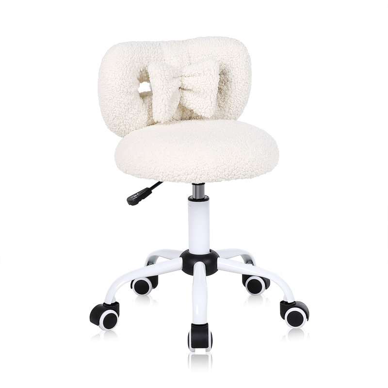 Furniture Desk Chair With Bow Design, Cute Upholstered Swivel Chair With Wheels And Adjustable Height, Small Comfy Armless Chair
