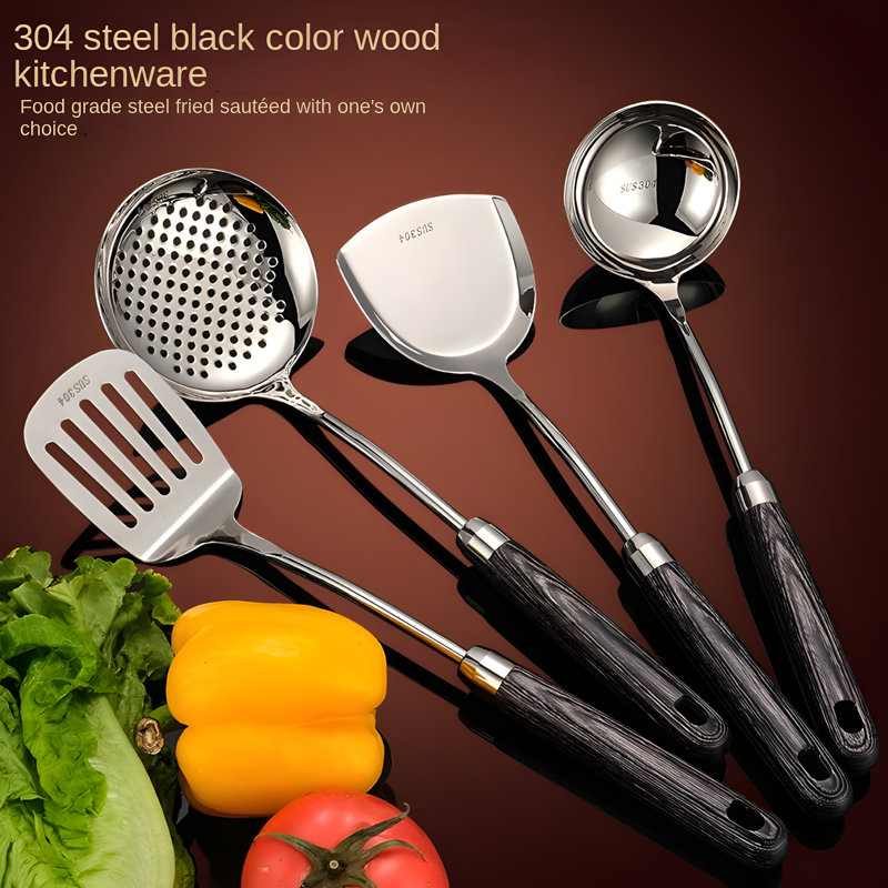 Ensemble d'ustensiles de cuisine en acier inoxydable 304 de qualité supérieure avec spatule à long manche, cuillère, cuillère à fentes et louche pour la cuisine