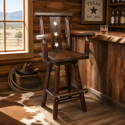 Tabouret de bar rustique - Fabrication en bois de sapin, chaise avec dossier décoratif en étoile, repose-pieds, accoudoir large, tabouret de cuisine rustique, chaise de bistro haute pour salle à manger, restaurant, pub, 4 pieds