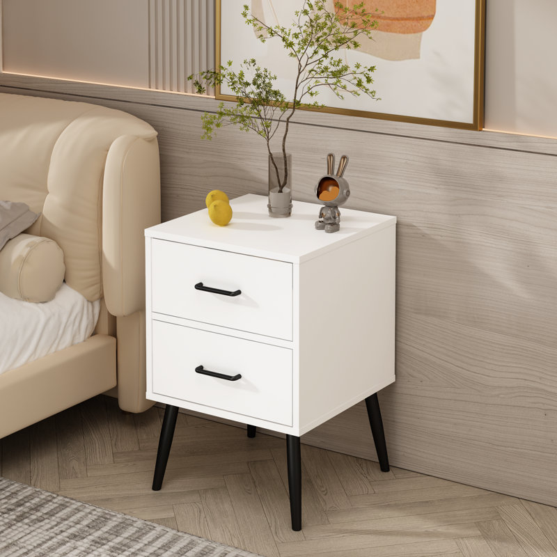 Table de chevet blanche moderne à 2 tiroirs avec pieds et poignées en métal pour la chambre à coucher ou le salon