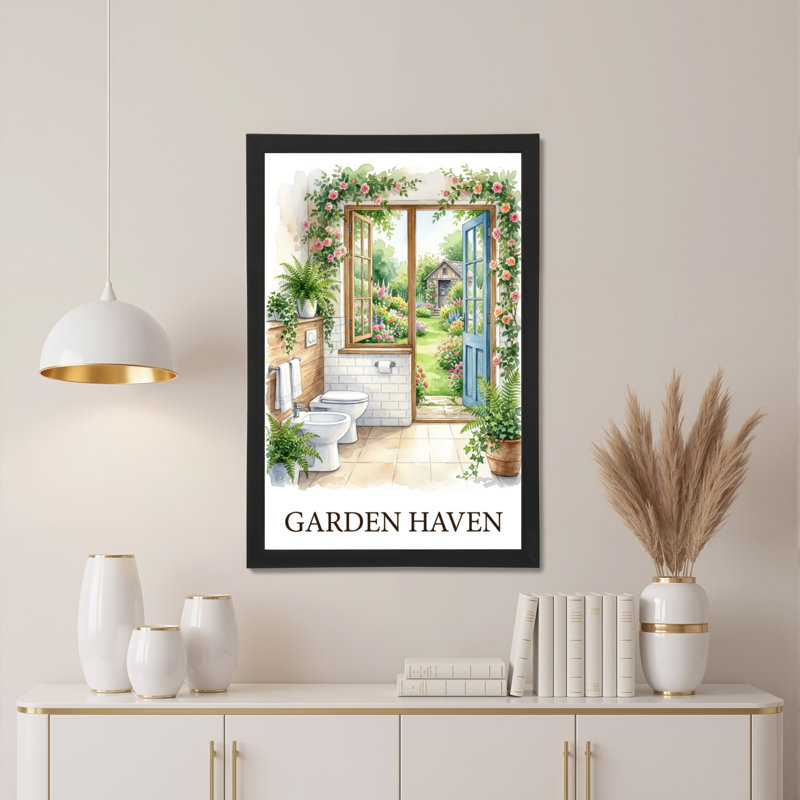 Tableau aquarelle représentant une scène de salle de bain dans un jardin (lot de 1), H 24 po x l 16 po