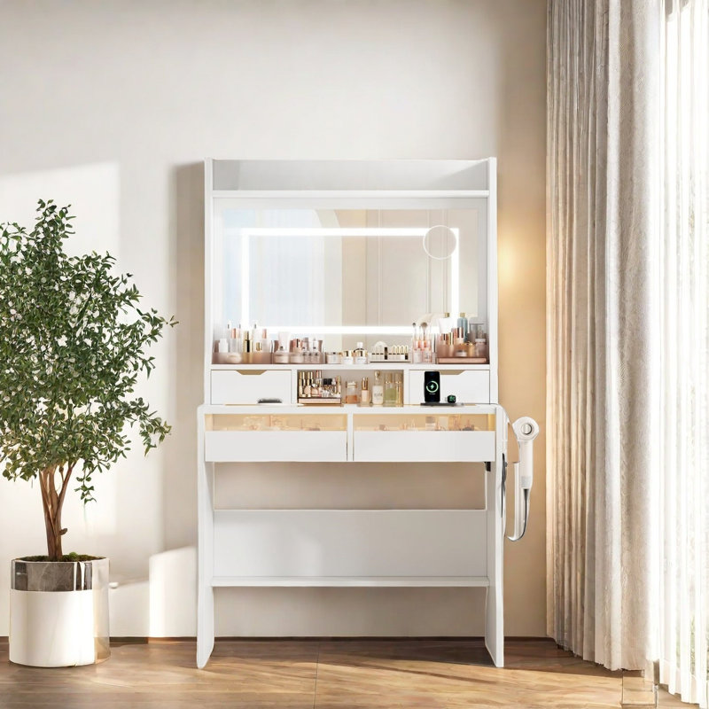 Bureau de maquillage pour coiffeuse avec miroir d'éclairage et prise de courant, Blanc