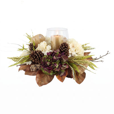 Fall Candleholder Centerpiece with Hydrangeas, Astilbe, and Pinecones
