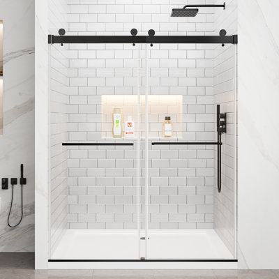 56-60 " W X 76 " H Double Sliding Frameless Shower Door 5/16" Tempered Glass with Explosion-Proof Film, Stainless Steel Hardware, Matte Black