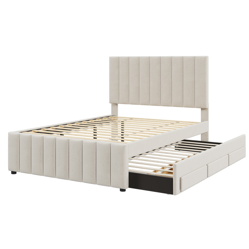 Lit plateforme double tapissier avec lit gigogne simple et 3 tiroirs, tissu en lin, Beige