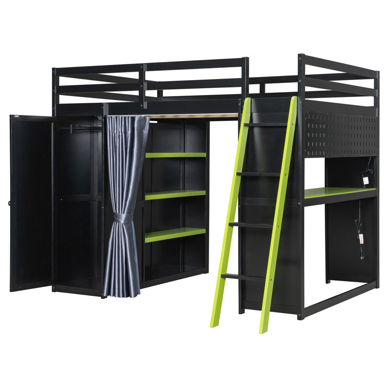 Lit mezzanine en bois peu encombrant, design multifonctionnel moderne noir et vert