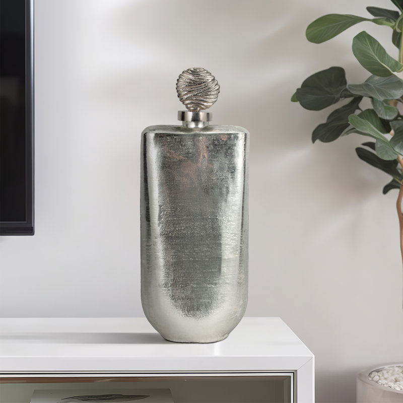 Glass Metallic Silver Solid Cylinder Bottle w and Orb Topper, 19" H x 8" W x 8" D