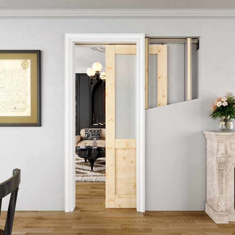 Porte coulissante à gousset, porte en bois de pin et verre givré demi-lite, porte à gousset solide de style colonial, verre trempé certifié SGCC, cadre solide et ensemble de quincaillerie, porte de cuisine coulissante, sans finition et à peindre, po