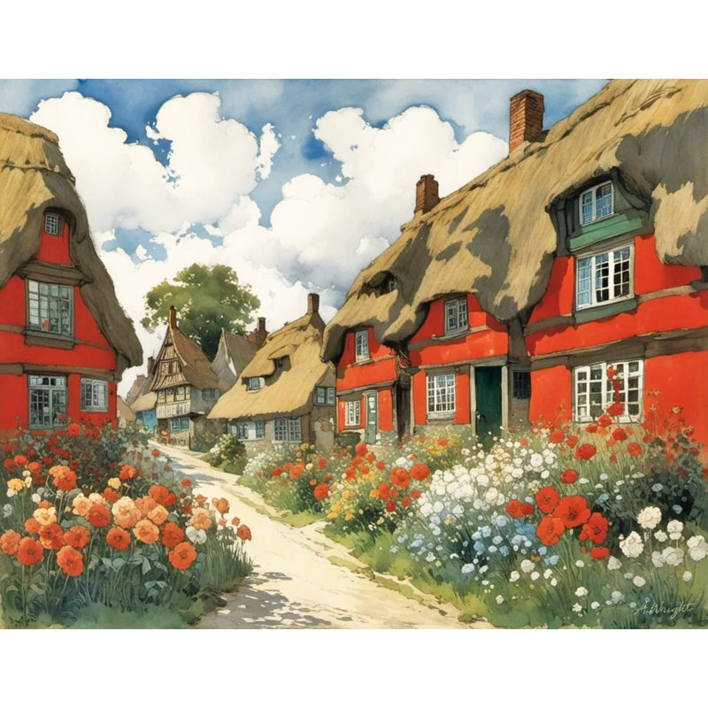 «Cottage Blooms in Crimson Lane» - Art mural sur toile tendue, H 24 po x l 30 po