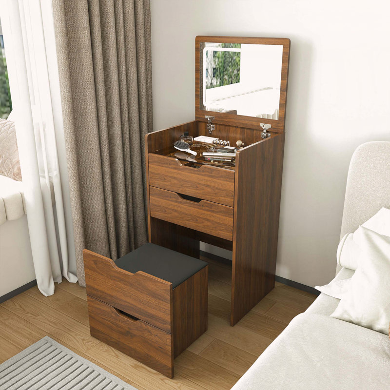 Bureau de coiffeuse 3-en-1 avec miroir lumineux et tabouret de rangement