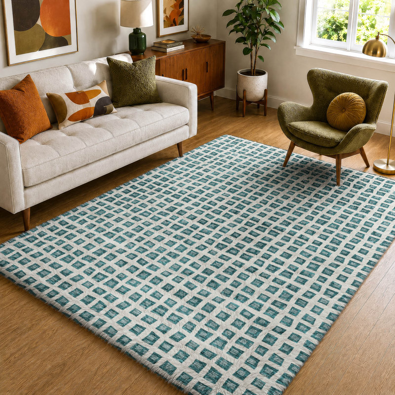 Tapis géométrique Dream Shag ADS727 lavable à la machine de qualité supérieure, Teal, 10' x 14'