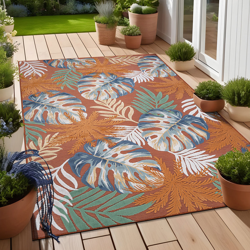 Tapis floral d'intérieur pour l'extérieur, Orange, Rectangle de 10 pi x 14 pi