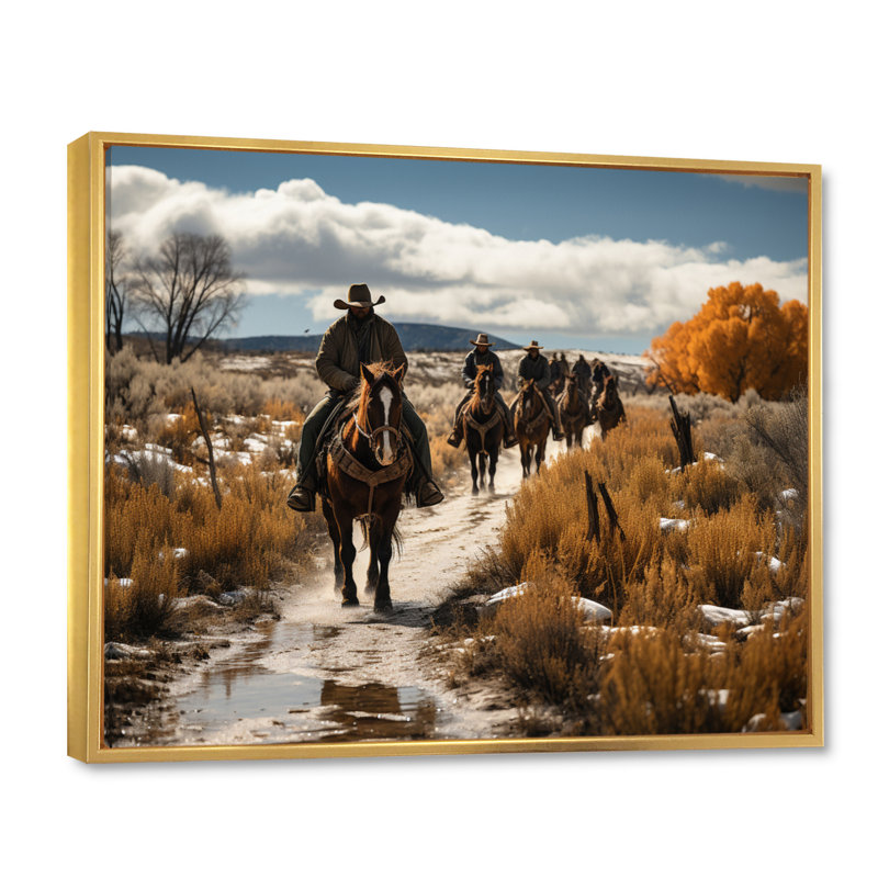 «Western Cattle Drive Memories» sur toile, Cadre flottant doré, H 16 po x l 32 po x P 1 po