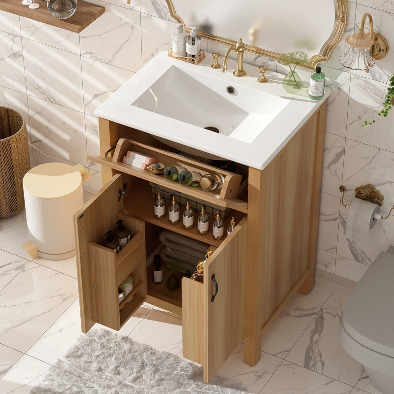 Meuble-lavabo de 24 po avec cadre en bois massif, tiroir rabattable, portes à fermeture en douceur, tablette réglable et meuble-lavabo moderne