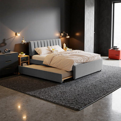 Teddy Fleece Queen Size Upholstered Platform Bed with Twin XL Trundle - Soft Gray, Cozy & Stylish