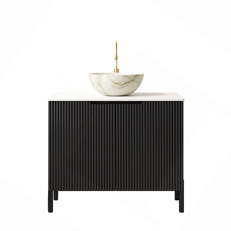 Meuble-lavabo de salle de bain 24 po avec lavabo, meuble-lavabo autoportant avec cuve en céramique à 2 portes avec motif en pierre et comptoir en pierre frittée blanc de Carrare, sans robinet