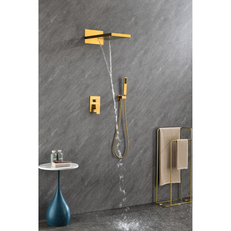 Robinet de douche haut avec tête rectangulaire et douchette - laiton doré salle de bain 3