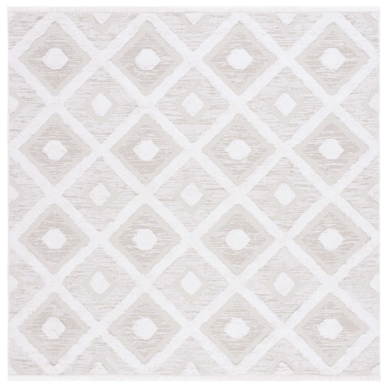 Abisoye Geometric Power Loom Area Rug in Beige/Ivory, Square 6'4"