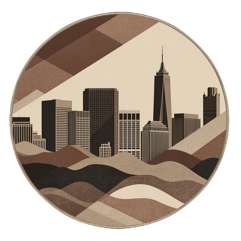 Tapis doux et moelleux à motif géométrique moderne et contemporain brun et beige, Rond 3 pi