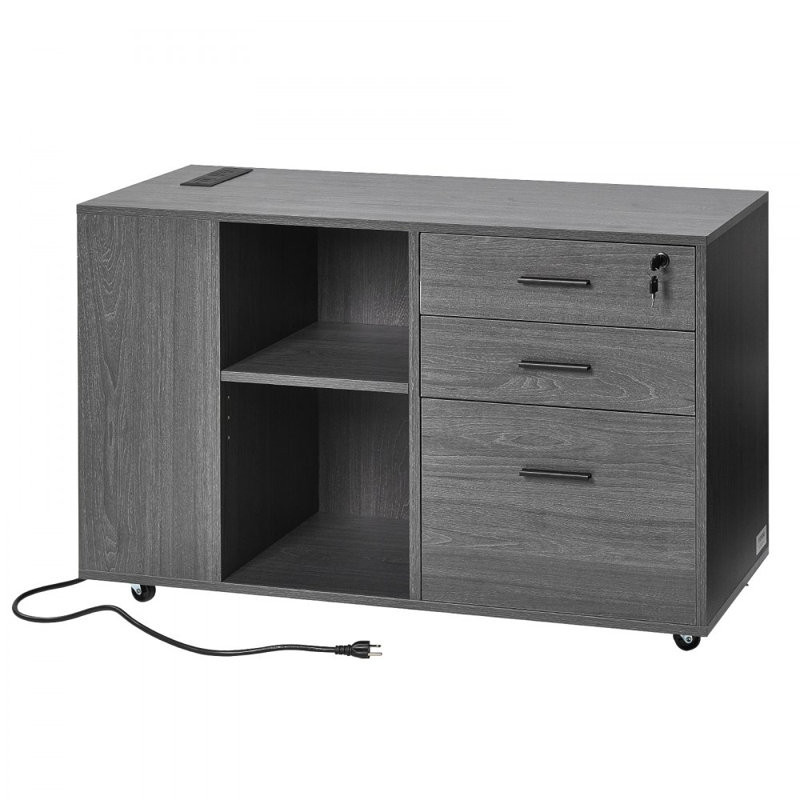 3 Drawer Wooden File Cabinet Mobile Filing Cabinet with Power Strip Gray
