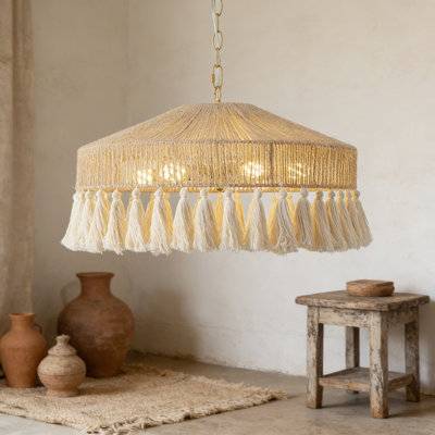 Boho Handwoven Rattan Pendant Light Chandelier With Linen Shade And Fringe, 6-Light Drum Fixture For Coastal Farmhouse Dining Room Kitchen Living Room Bedroom Ceiling