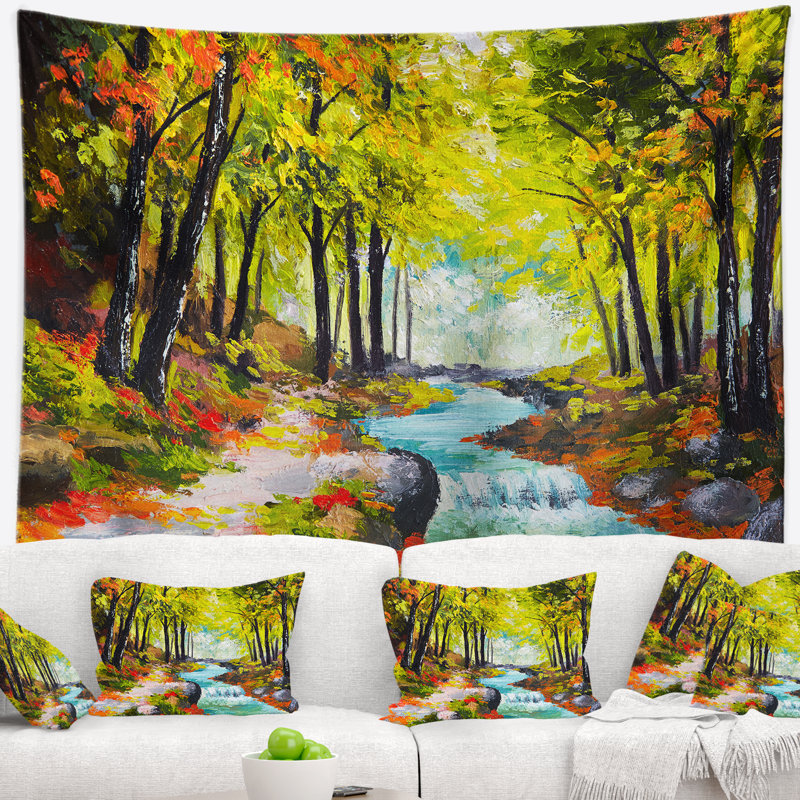 Paysage, rivière, vert, automne, tapisserie, forêt, H 50 po x l 60 po