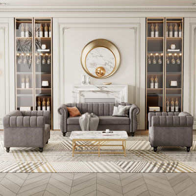 Evlin Modern Sofa 3-Piece Sofa Set With Solid Wood Legs, Buttoned Tufted Backrest, Frosted Velvet Upholstered Sofa Set Including Three-Seater Sofa