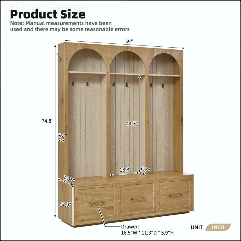 Arched Wooden Hall Tree with 8 Hooks and Drawers, Natural,Oak
