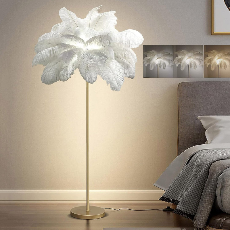 Natural Ostrich Feather Floor Lamp With 3 Color Temperatures, Sturdy Metal Base, And Adjustable Feathers For Living Room, Bedroom, And Home Decor