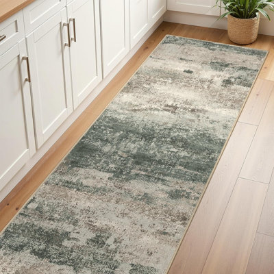 Tapis de couloir pour couloir de cuisine, tapis de couloir lavable à la machine de 2 pi 6 po x 12 pi pour le vestibule, tapis décoratifs modernes et doux, revêtement de sol à poils courts avec envers antidérapant, gris / vert foncé
