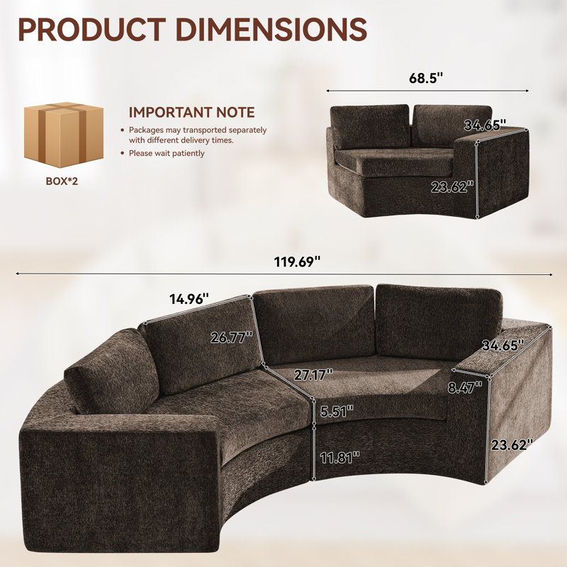 Boneless Curved Sectional Compressed Sofa, 4 Seater with 8.47" Wide Arms, No Assembly Required, Brown, 4