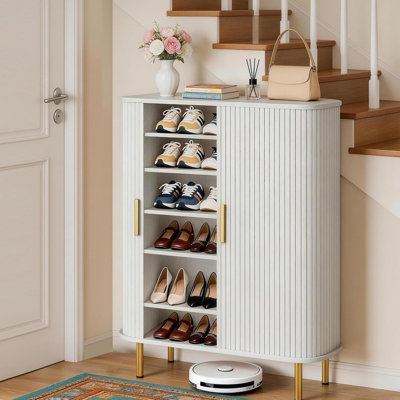 24 Pair Shoe Storage Cabinet with Sliding Tambour Doors, 6-Tier Freestanding Shoe Organizer with Adjustable Shelves, Mid-Century Modern Shoe Cabinet for Entryway, Hallway & Living Room