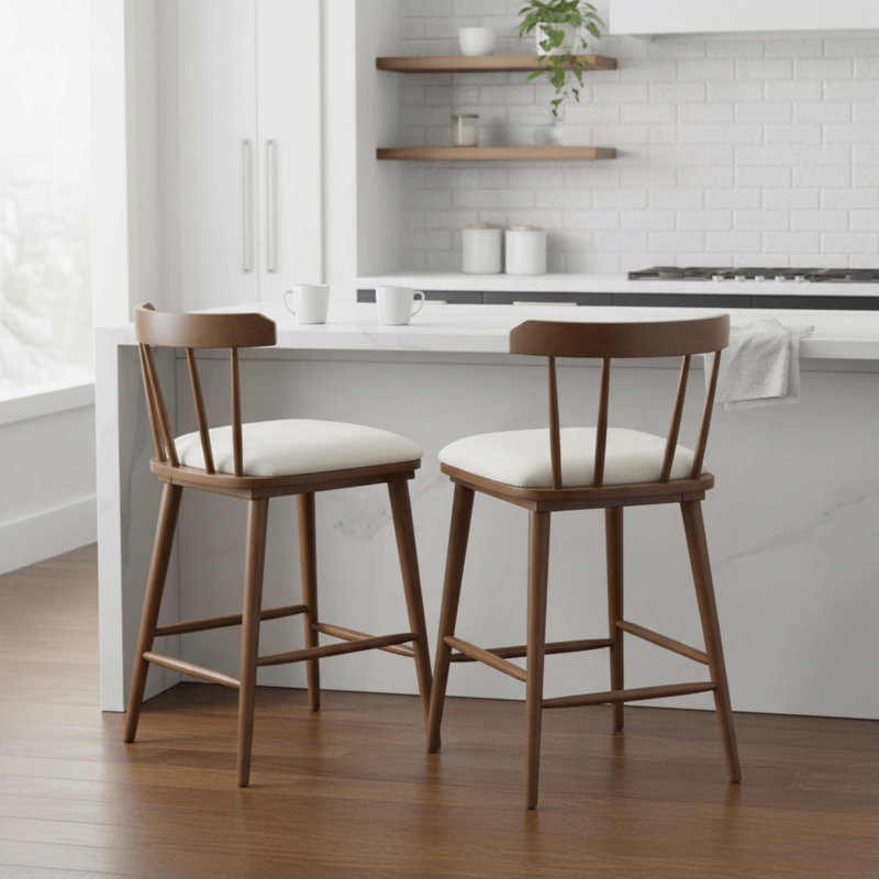 Tabouret de comptoir rembourré beige en bois de style Windsor, Brun, 2