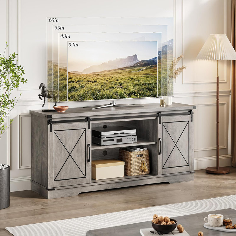 59 Inch TV Stand, Farmhouse Wood Entertainment Center with Sliding Barn Doors with Adjustable Shelves & Open Compartment