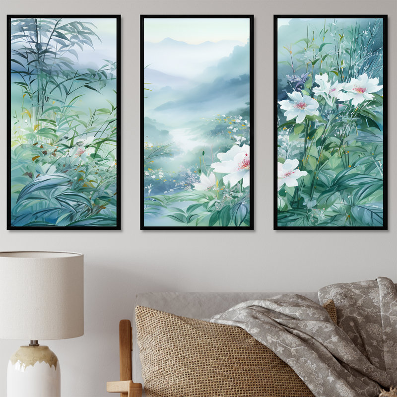 Japon, bambou par la montagne III - ensemble d'art mural fleurs, Cadre flottant noir, H 32 po x l 48 po x P 1 po