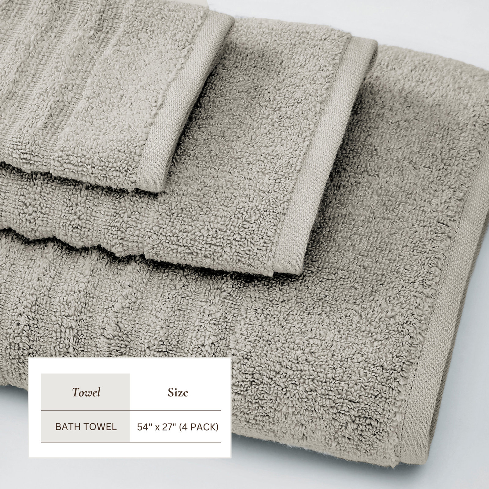 100% Zero-Twist Cotton Ribbed Hand Towels (Set of 6), Bath Towels - 4 Pack, Mid Gray