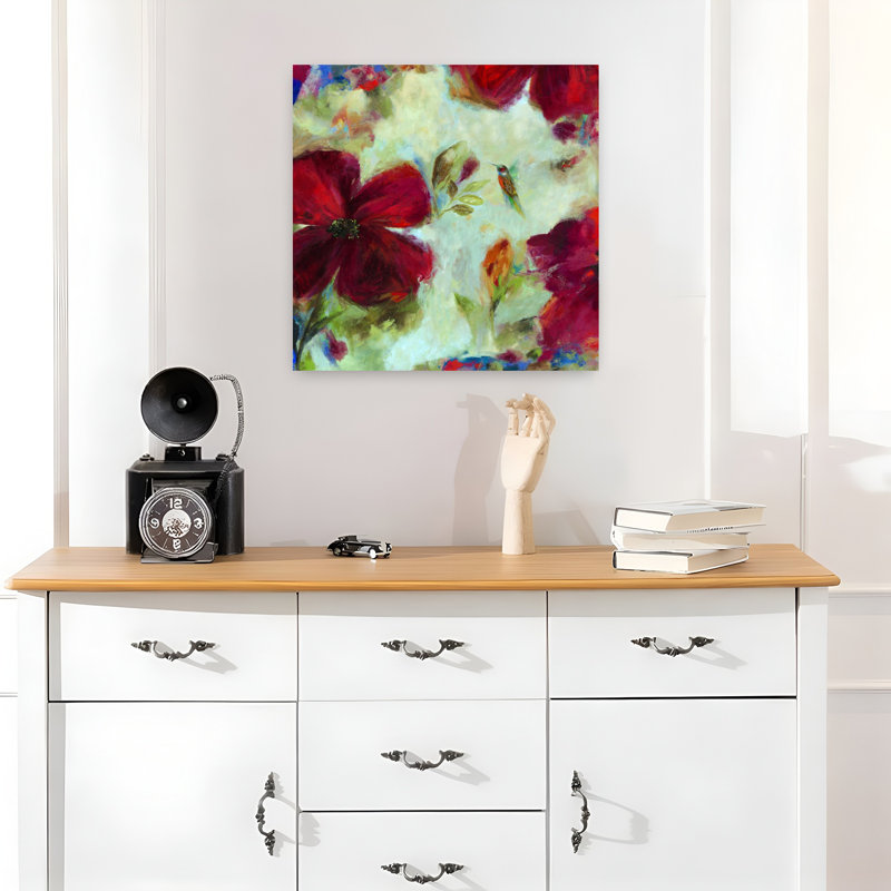 Hummingbird II Bold Delicate Impressionist Hummingbird Nature Flower Art, 18" H x 18" W