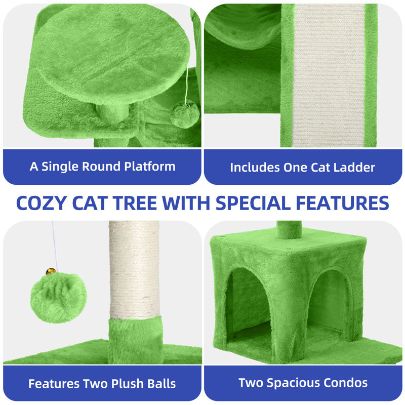 Modern Minimalist Cat Tree with Multiple Platforms and Toys, Green
