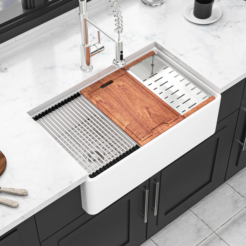 Station de travail à double cuve en céramique blanche 33 po -, espace, pour ébréchures et rayures