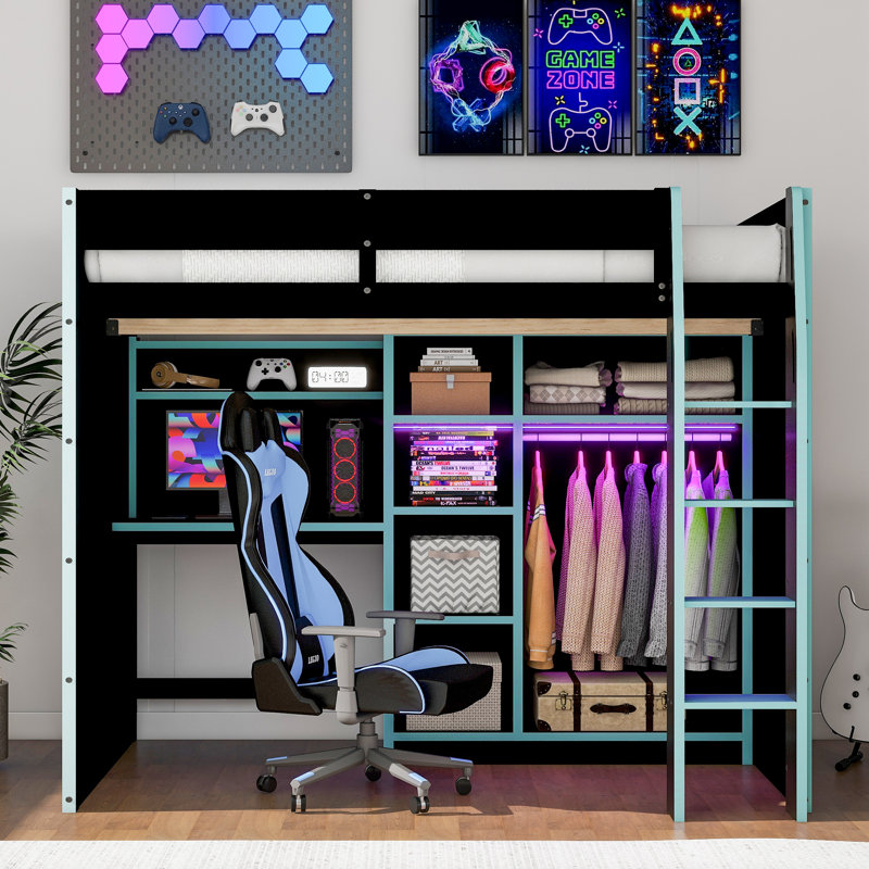Lit mezzanine double avec bureau intégré, Bleu