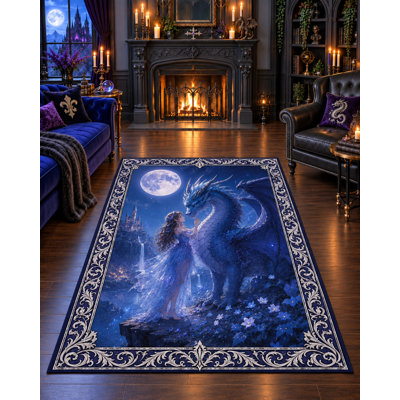 Tapis « Ultra Fin » 152 x 213 cm (5 pi x 7 pi) Fée de la Lune avec Dragon Ailé ​​pour chambre, salon et bureau à domicile, tapis doux à poils Rassards avec dos en silicone antidérapant