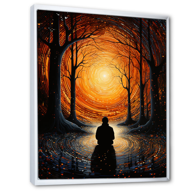 «Orange Orange Meditation Inner Journey Pointillism», art mural sur toile, H 32 po x l 16 po, Cadre flottant blanc
