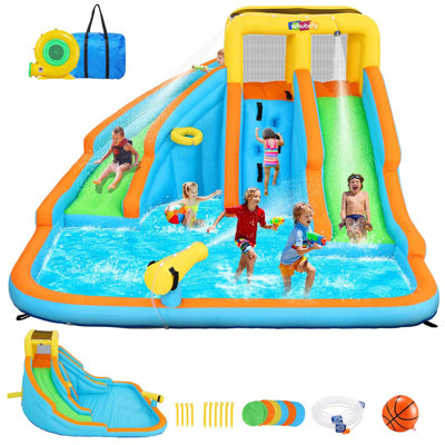 Parc aquatique gonflable 6-en-1 de 11 pi x 10,2 pi Adam avec 5 jouets supplémentaires, tissu Oxford 420D de qualité supérieure, enfants de 3 à 10 ans, amusement dans la cour toutes saisons, comprend un souffleur d'air, un panier de basketball et un je