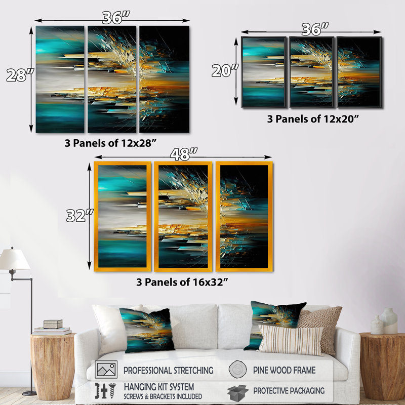 " Abstract Geometric Green And Yellow " 3 - Pieces, 32" H x 48" W x 1" D, Wrapped Canvas